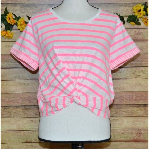 NWOT Skies Are Blue Pink Striped Crop Blouse Top Size L Stretch Beach Summer - Picture 1 of 12